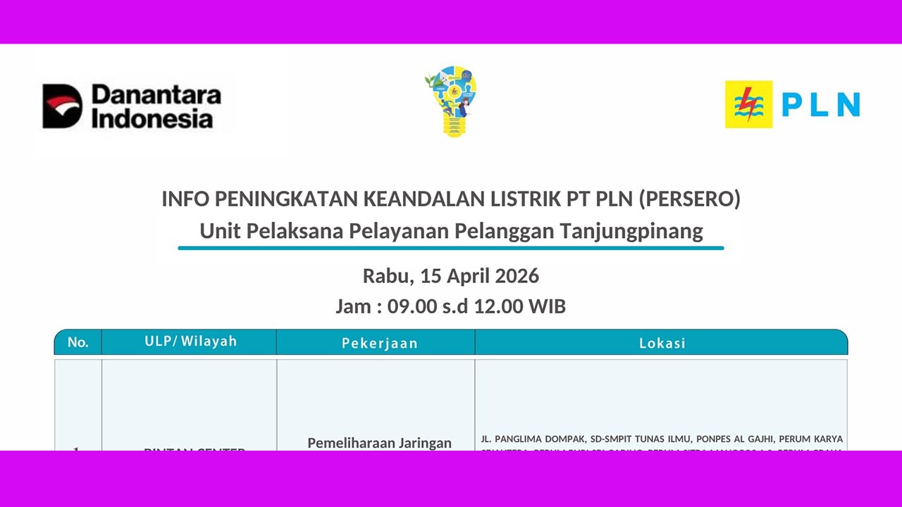 Jalan Panglima Dompak hingga Raja Ampat Padam Rabu, 15 April 2026